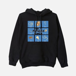 May include: Black hooded sweatshirt featuring a blue graphic of various parasites, including a tapeworm, tick, flea, and others. The text "The Parasite Bunch" is printed in black on the graphic.