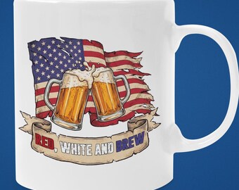 Red White Brew Beer Mug, Distressed Flag, Clinking Steins, Patriotic Coffee Cup