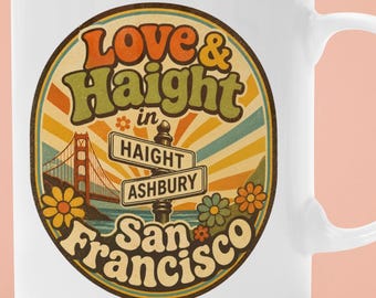 Love & Haight San Francisco Mug, Retro Hippie Haight-Ashbury Design, 11oz 15oz Ceramic Coffee Mug