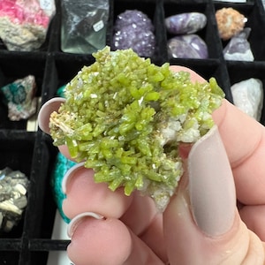 May include: A cluster of green and white crystals, likely a type of mineral specimen. The crystals are arranged in a dense, spiky formation, with a rough, textured surface.