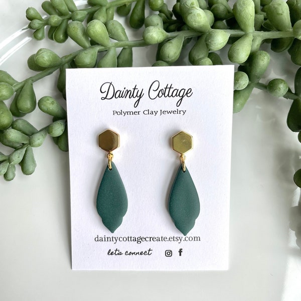 Green Clay Earrings | Handmade Polymer Clay Earrings | Hunter Green with Gold Accent Stud Polymer Clay Earrings