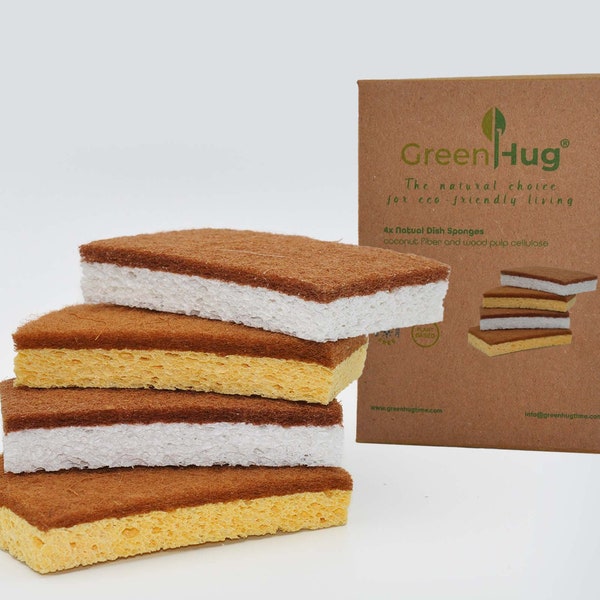 Natural Coconut and Cellulose Dishwashing Sponges | Plant Based and Biodegradable | Plastic-free and Chemically-free | 11.4x7cm, 4.5x2.75in