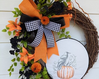 Victorian Halloween Wreath, Black Raven, Embroidered Pumpkin, Orange Flowers