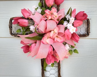 Floral Cross Wreath, Pink Tulip Hydrangea, Mother's Day Gift