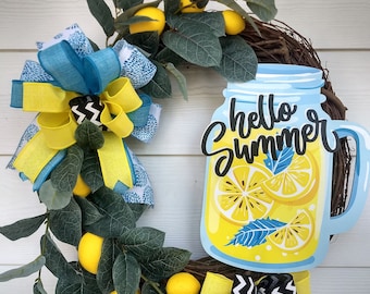 Lemon Summer Wreath, Mason Jar Sign, Blue and Yellow Decor