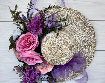Floral Straw Hat Wreath, Spring Flower Decor, Bridal Shower Wreath