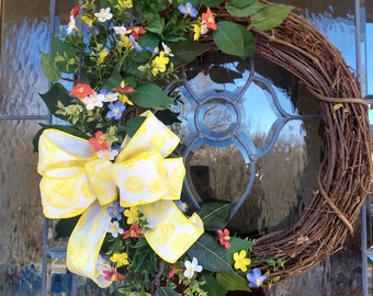 Wildflower Wreath with Yellow Bow, Spring Summer Decor