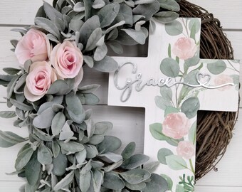 Lambs Ear Cross Wreath, Pink Roses, Grace, Spring Easter Decor