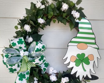 St. Patrick's Day Grapevine Wreath with Gnome, Clover, and Florals