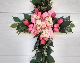 Floral Cross Wreath, Eucalyptus and Pink Tulips, Spring Decor