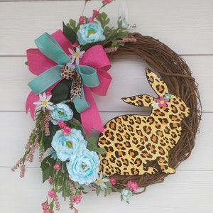 Pastel Easter wreath with leopard print bunny sign, mint and pink floral Easter wreath, designer Easter wreath, mint and pink peony wreath,