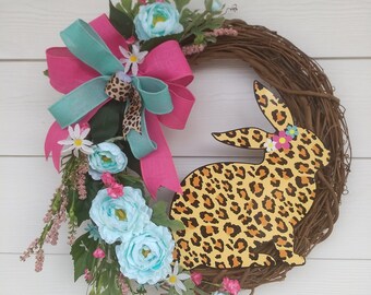 Leopard Bunny Easter Wreath, Pink Floral, Designer Grapevine Wreath