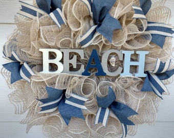 beach wreath, mesh beach wreath, shades of blue wreath, summer wreath with beach sign, summer wreath beach, coastal wreath,
