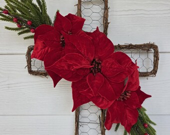 Christmas cross with poinsettias