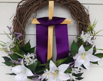 Easter Lily Cross Wreath, Purple Draped Wood Cross, Religious Decor