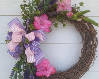 Spring Gladiolus Lavender Wreath, Pink Purple Grapevine Door Decor