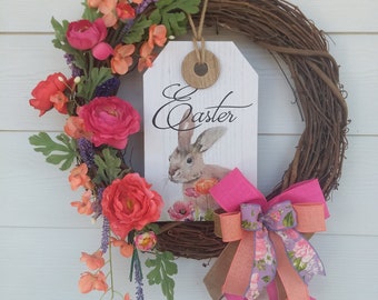 Peony Easter Wreath, Bunny Tag, Pink Peach Lavender Decor