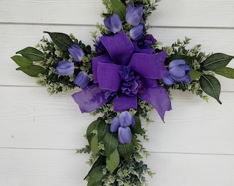 Floral Cross Wreath, Eucalyptus and Purple Tulips, Religious Easter Decor