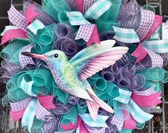 hummingbird wreath, hummingbird door hanger, hummingbird decor, summer hummingbird wreath, bright summer wreath