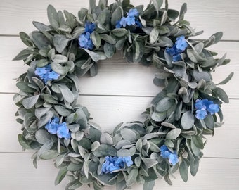 Lambs Ear Wreath with Blue Florals, Spring Summer Wreath