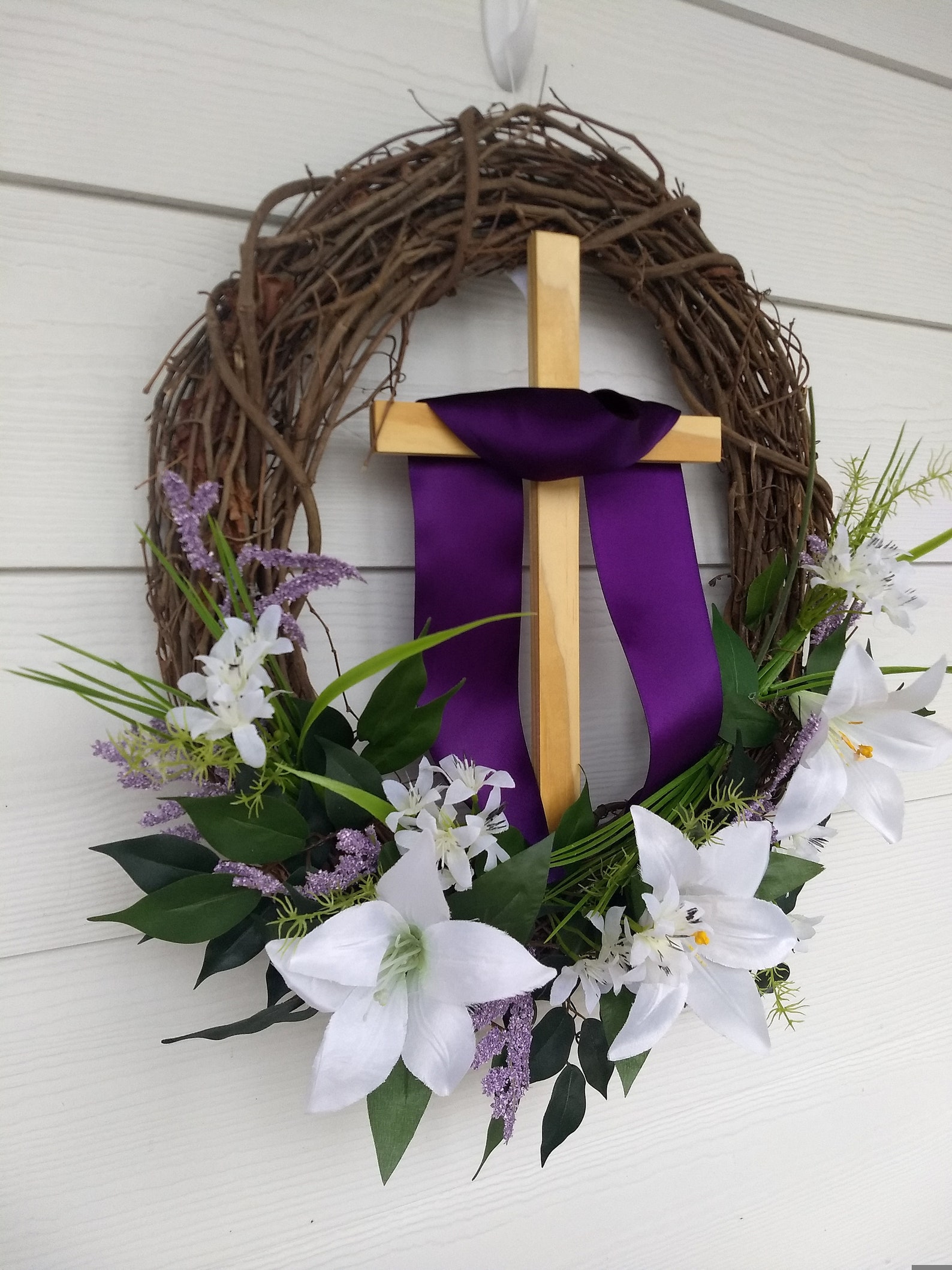Easter Wreath With Cross and Easter Lilies, Draped Cross Wreath, Cross