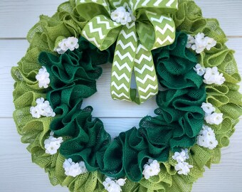 St. Patrick's Day Burlap Wreath, Green Chevron Bow, Floral Wreath