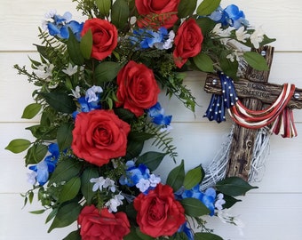 Patriotic Rose Wreath with Flag Cross, Independence Day Decor