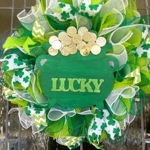 St. Patrick&#39;s Day wreath, mesh St. Patrick&#39;s Day wreath, St. Patrick&#39;s Day wreath with pot of gold, lucky wreath, shamrock wreath, Irish