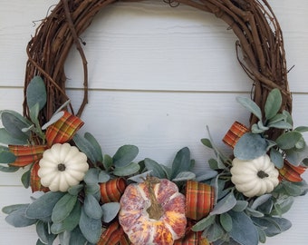 Fall Pumpkin Grapevine Wreath, Lambs Ear, Farmhouse Decor