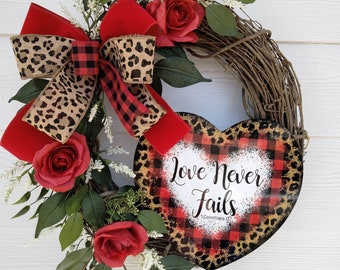 Red Rose Valentine's Wreath, Leopard Heart, Buffalo Check Decor