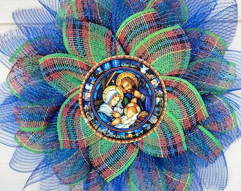 Nativity Wreath, Cobalt Blue Mesh, Christmas Plaid Burlap