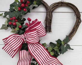 Grapevine Heart Wreath, Red Striped Bow, Valentine's Decor