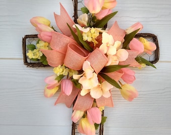 Floral Cross Wreath, Peach Tulips, Hydrangeas, Religious Easter Decor