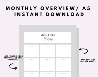 Monthly Overview Printable Planner Insert,  A5 Refill, Planner Organiser Inserts UK, Printable Project Planner, Notes