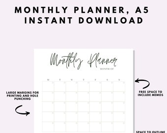 A5 Monthly Planner, Printable Planner, Planner Inserts, Month Planner, Monthly Schedule, Monthly Organiser
