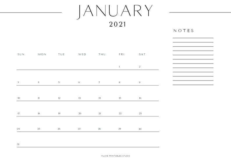 PRINTABLE Minimal, 2021 Calendar With Notes, Desk Calendar, A4 Sunday ...