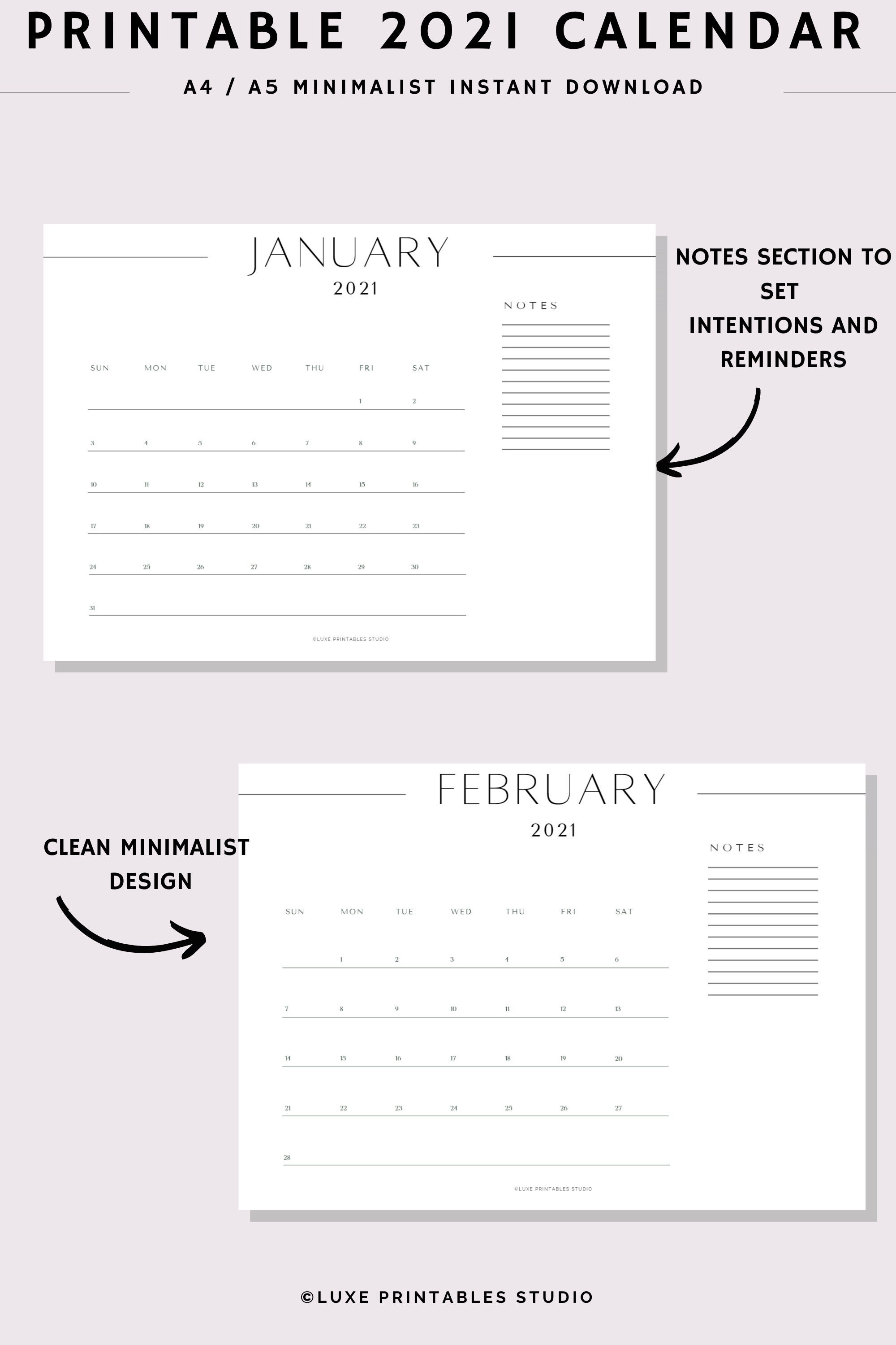 PRINTABLE Minimal, 2021 Calendar With Notes, Desk Calendar, A4 Sunday ...