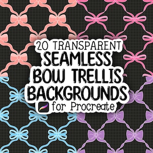 May include: A digital graphic set featuring 20 transparent seamless bow trellis backgrounds for Procreate. The pattern displays a grid of interconnected ribbons forming bows in shades of pink, blue, and purple against a dark grid background.