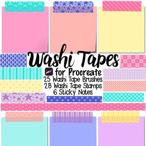 May include: A digital art design featuring colorful washi tapes and sticky notes. The image includes various patterned tapes in shades of pink, blue, yellow, and purple, along with six sticky notes. Text reads "Washi Tapes for Procreate" with details on brushes and stamps.