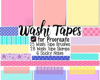 Procreate Washi Tape Brushes & Stamps + Digital Sticky Notes | 25 Brushes, 28 Stamps, 6 Sticky Notes | Instant Download
