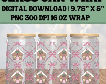 Gingerbread House 16 oz Glass Can Wrap Digital File | 300 DPI | Glass Can Wrap | PNG | Transparent Wrap | Sublimation | Coquette Christmas