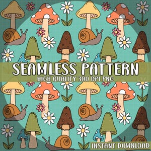 May include: A seamless pattern featuring mushrooms, snails, and daisies on a teal background. The mushrooms are in various colors, including red, brown, and green. The snails are brown with yellow shells. The daisies are white with yellow centers.