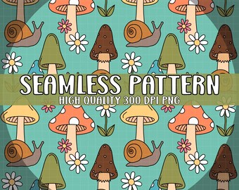 Mushrooms & Snails (turquoise) Seamless Pattern 300 DPI PNG | Instant Download | Repeat Pattern | Seamless Pattern | Sublimation Design