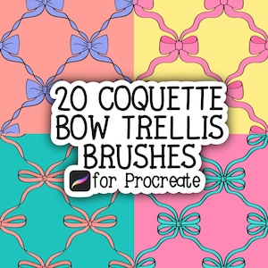 May include: Digital Procreate brushes with a coquette bow trellis design. The image displays a repeating pattern of bows in pink, blue, and yellow, set against a colourful background. The text reads: "20 Coquette Bow Trellis Brushes for Procreate."