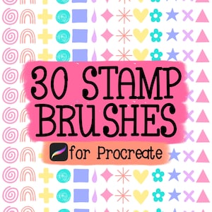 Könnte beinhalten: Digitales Kunst-Grafik mit dem Text "30 Stamp Brushes for Procreate" in Schwarz auf rosa Hintergrund. Das Bild ist von farbenfrohen Stempeldesigns umgeben, darunter Regenbogen, Pluszeichen und geometrische Formen.