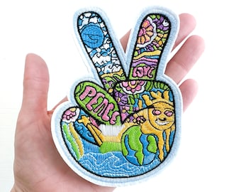 Hippie Peace Sign Hand Iron-On Patch | Embroidered Patch | Large Patches | Hippie Patches | Cute Patches