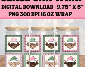 Christmas Cows 16 oz Glass Can Wrap Digital File | 300 DPI | Glass Can Wrap | PNG | Transparent Wrap | Sublimation | Coquette Christmas