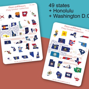 Feuille d'autocollants de drapeau en forme de carte des États-Unis | Autocollants de drapeau d'état | Enveloppe & Carnet | 51 autocollants individuels | 49 États + Honolulu + D.C.
