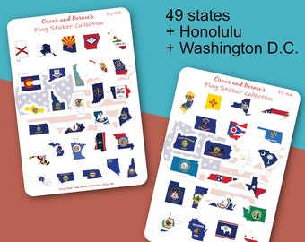 May include: A set of 51 state and territory flag stickers. The stickers are arranged in the shape of the United States. The stickers are white with a blue outline and feature the flags of each state and territory. The stickers are labeled with the state or territory name. The stickers are on a white background. The text "Oscar and Bernie's Flag Sticker Collection FL-54" is at the top of the image. The text "49 states + Honolulu + Washington D.C." is at the top of the image.