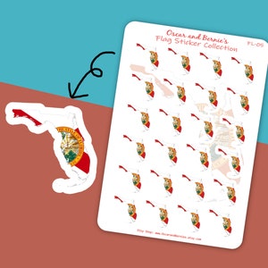 Feuille d'autocollants en forme de carte de la Floride | Autocollants drapeau de la Floride | Sticker pour enveloppe et journal | 24 stickers individuels | État ensoleillé